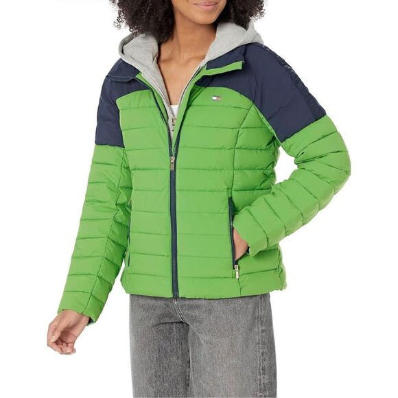 Tommy Hilfiger Logo Colorblock Hooded Puffer Ski Coat Jacket Global Outerwear si - Picture 1 of 14